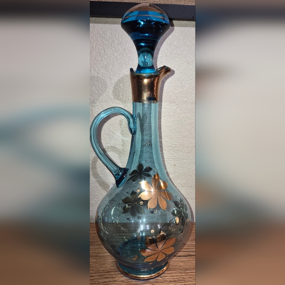 Wine Decanter Bohemian Glass Hungarian Teal Gold Leaf Vintage - Picture 3 of 5